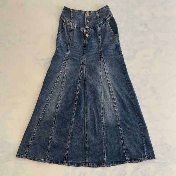 Chartou A-Line Pleated Denim Jean Maxi Skirt - Picture 1 of 8